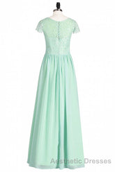 Sage Green Lace and Chiffon Cap Sleeve A-Line Long Bridesmaid Dresses
